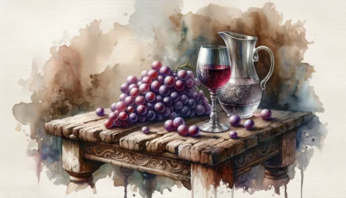 In an ancient wooden table rests a delicate glass filled with red wine, a clear pitcher filled with water, and a bunch of plump purple grapes symbolising Jesus turning water into wine.