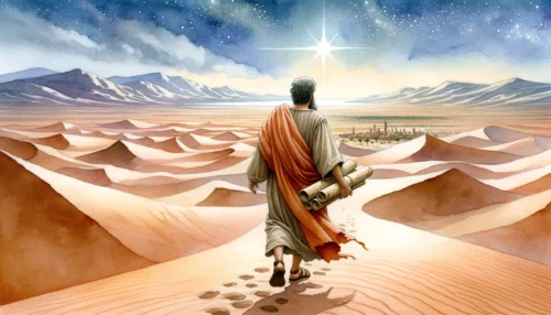 Ancient man walks towards a bright star over a desert, carrying scrolls, with a city in the distance.