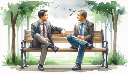 A Christian and a Jehovah’s Witnesses sitting at a park bench, engaged in a deep conversation. Their expressions are serious but respectful, and their body language indicates active listening.