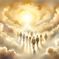 Serene heavenly scene with ethereal clouds, golden tones. People in new bodies walking towards radiant light symbolize the path to heaven.