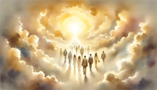 Serene heavenly scene with ethereal clouds, golden tones. People in new bodies walking towards radiant light symbolize the path to heaven.