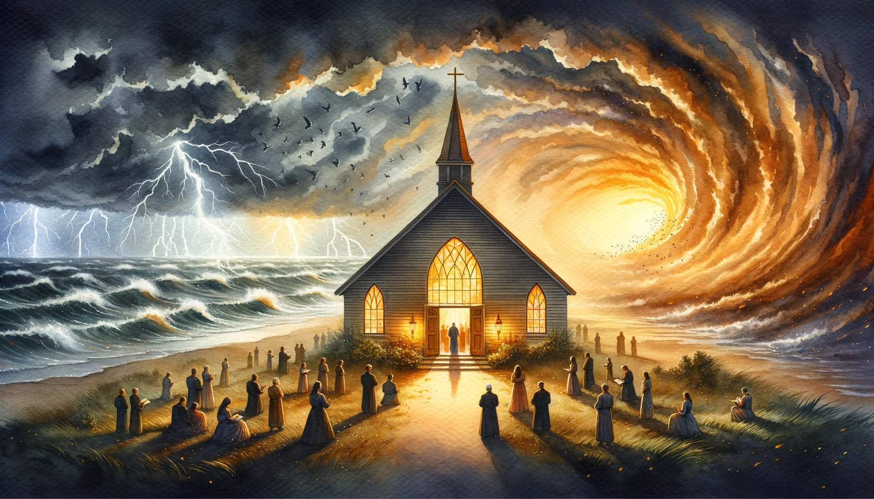 End times chapel in chaos with whirlwinds and lightning outside. Inside, people gather, praying. Warm glow contrasts with dark surroundings, symbolizing faith's refuge.