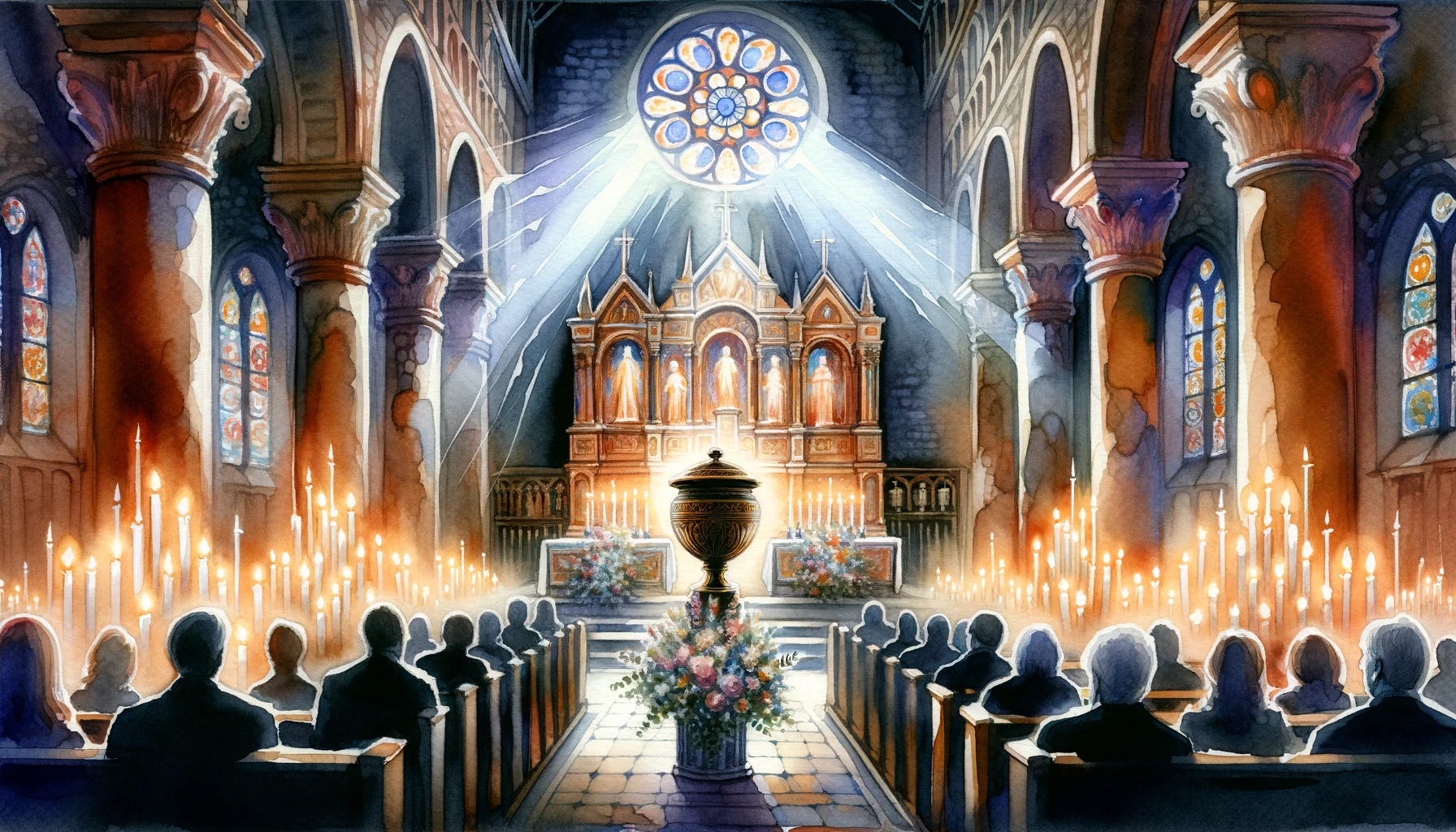 Serene church ambiance with candles, stained glass. People in pews pray and reflect. Central altar holds urn, flowers, bathed in divine light.