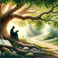 Person reading Bible under a tree, soft light through leaves illuminates pages, symbolizing divine guidance. Path in background represents the journey of faith.