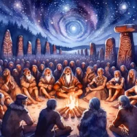 Ancient people around a fire, elders pass down divine knowledge orally. Ancient structures hint at early spiritual practices.