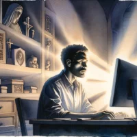 Dark room, a man watching pornography on the computer. He is surrounded by Christian symbols hinting at moral conflict.