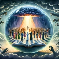 Protective bubble from an open Bible shields people from darkness. Glowing with divine light, it symbolizes God's promises, standing unbroken against curses and spiritual adversity.