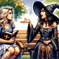 Wiccan & Christian women discuss beliefs on a park bench, gestures and Bible in hand, sharing earnest expressions.