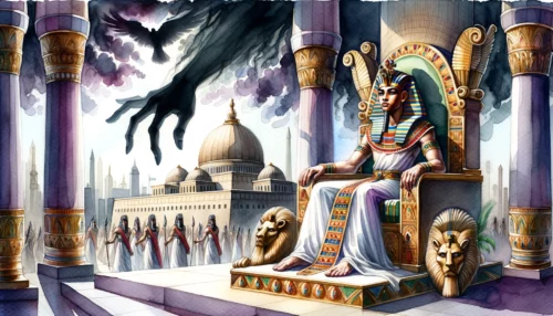 Pharaoh on a grand throne displays defiance, surrounded by opulence. A shadowy divine hand above hints at God's influence.