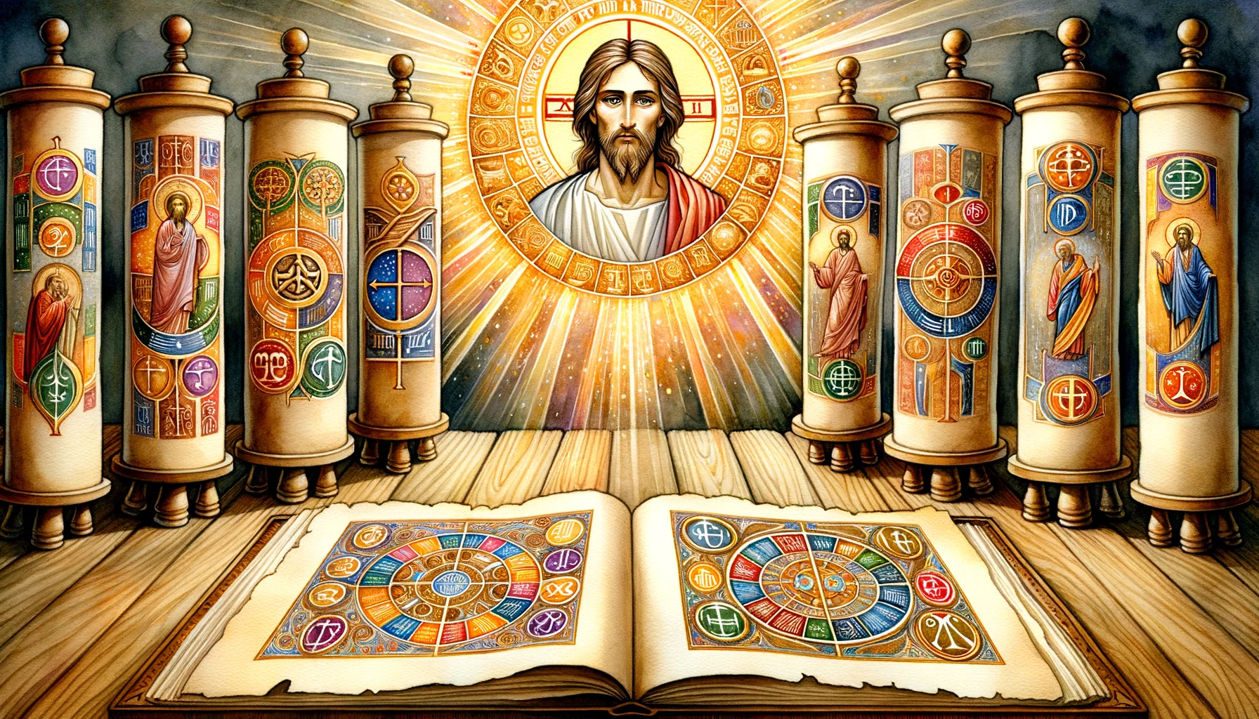 Gospel scrolls on table—Matthew, Mark, Luke, John, adorned with unique symbols.
