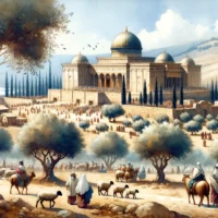 Panoramic view of the ancient Biblical Jewish temple with olive trees. Pilgrims, carrying lambs for sacrifice, make their way amidst a breeze carrying prayers.