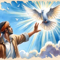 Radiant dove, symbolizing Holy Spirit, soars gracefully. Below, a man with a defiant expression tries to shoo it away, contrasting with the serene scene.
