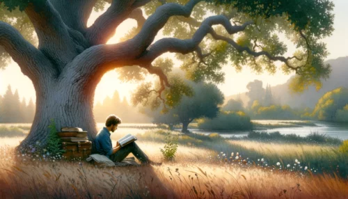 Solemn individual reading the Bible by an oak tree at sunset.