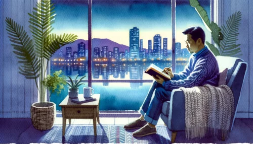Cozy evening Bible study for a Christian man seated by the window with twilight city views.