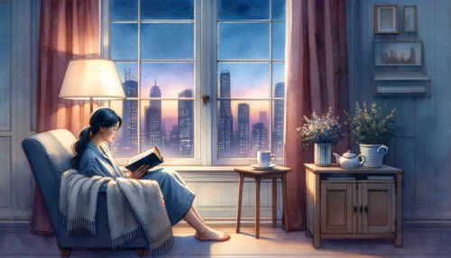 A Christian woman enjoys a quiet Bible study by the window, overlooking the city at dusk.