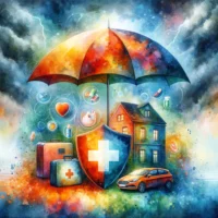 An umbrella shields a house, car, and medical kit, set against a backdrop of contrasting stormy and clear skies.