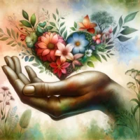 A hand gently cradling a heart made of various flowers and plants, symbolizing the beauty and nurturing aspect of faith.