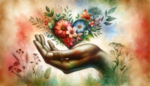 A hand gently cradling a heart made of various flowers and plants, symbolizing the beauty and nurturing aspect of faith.