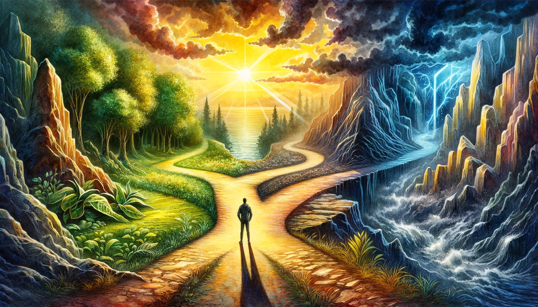 Crossroads in a dreamlike landscape, showcasing a decision point between a bright, forested path and a gloomy, rocky trail.