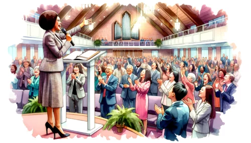A Christian woman pastor passionately preaches from the pulpit. Members stand, clap, and raise hands in worship. Vibrant, spirited atmosphere.
