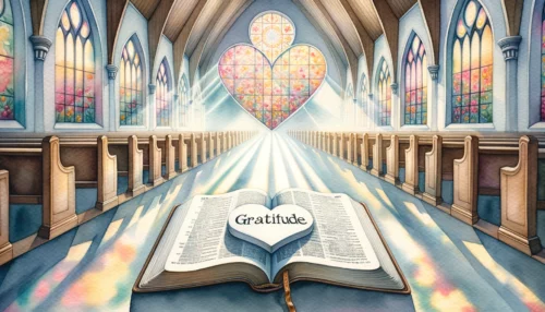 Church interior, light through stained glass forms a heart. In the center, an open Bible with a 'Gratitude' bookmark symbolizes Bible-based strategies for cultivating thankfulness.