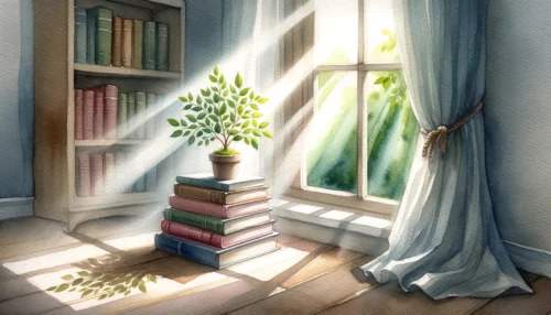Reading nook by a window, with soft sunlight filtering in and illuminating a stack of five books, symbolizing the growth that comes from engaging with spiritual literature.
