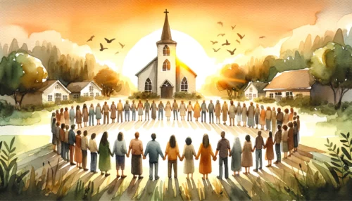 Group of people gathered in a circle, holding hands in unity, with a Christian church in the background, symbolizing faith and community.