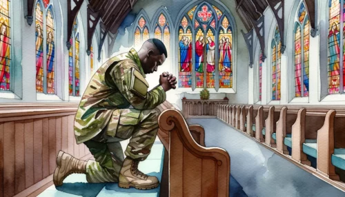 Christian soldier kneels in a military chapel, hands clasped in prayer by a pew. Stained glass windows cast a colorful mosaic around him, creating a poignant scene.