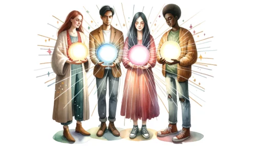 Group of people standing in a circle. Each holds a glowing orb, representing their unique spiritual gifts, with beams of light connecting them.