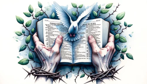 Pair of hands holding an open Bible, focusing on a highlighted verse about forgiveness.