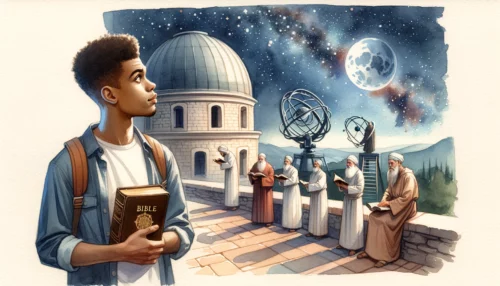 Astrologers study the night sky in an ancient observatory. In the foreground, a young man with a Bible reflects the contrast between astrological beliefs and biblical teachings.