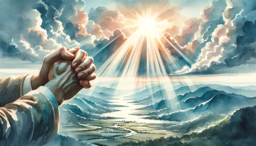 Person's hands clasped in prayer, with rays of sunlight breaking through the clouds above, highlighting the connection between man and God.