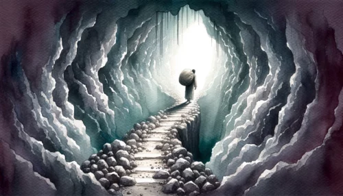 On a dimly lit path a Christian is seen with a heavy burden on their back, representing the weight of sin, as they navigate through the challenges.