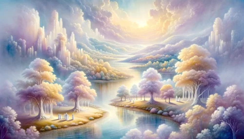 Ethereal landscape capturing Heaven, with rolling hills in a soft golden hue, crystalline light trees, a pastel blue-lavender sky, gentle clouds, and a reflective river.