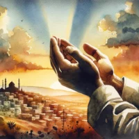 Pintura em aquarela com as mãos cruzadas em oração contra o pano de fundo de uma paisagem do Oriente Médio, capturando a essência da busca de orientação divina em meio ao conflito.