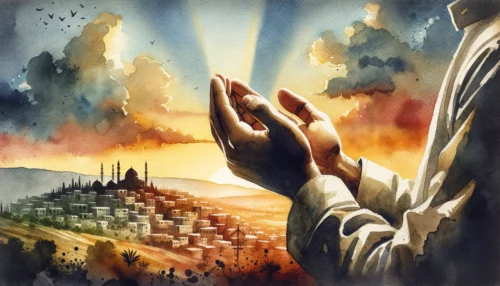 Pintura em aquarela com as mãos cruzadas em oração contra o pano de fundo de uma paisagem do Oriente Médio, capturando a essência da busca de orientação divina em meio ao conflito.