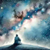Christian deep in thought sits on a hill, looking up at the stars, contemplating the profound question of God’s origin under a starry night sky.