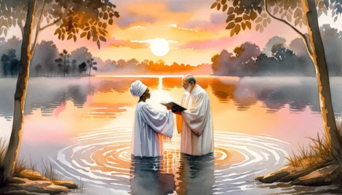Christian man in white robes, baptized by woman in traditional attire. Water reflects sunset hues, trees cast long shadows on the serene lake.