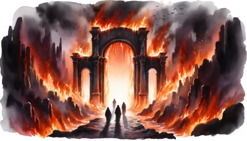 Gateway engulfed in flames, with dark silhouettes approaching it. The scene captures the entry into hell and the solemnity of the concept of eternal punishment for sin.
