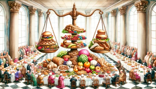 Lavish feast table with diverse foods, a balance scale above symbolizing the balance between gluttony and moderation.