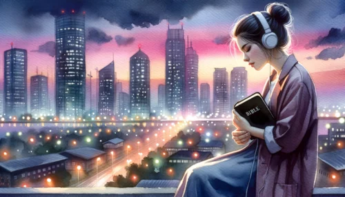 Young Christian woman on a rooftop during twilight, overlooking the city lights. She's lost in thought, listening to secular music with a Bible close to her.