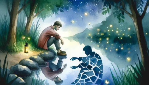 Young Christian man sits by a riverbank at twilight, his fragmented reflection symbolizing a broken self-image because of masturbation.