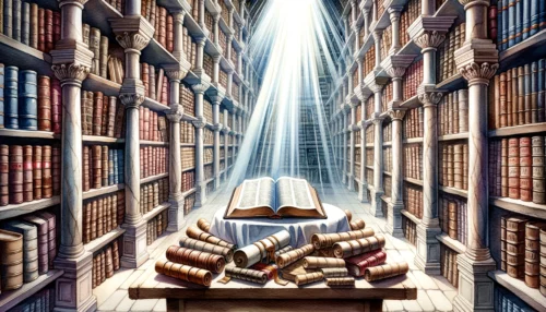 Ancient library filled with scrolls and books. A beam of light shines onto a table where a Bible is placed, highlighting its significance among all scriptures.