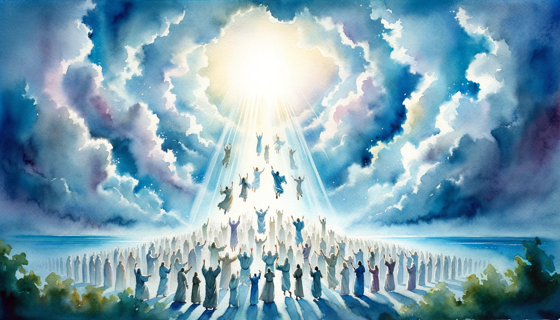 Serene sky with numerous figures being lifted upwards towards a radiant light, symbolizing the rapture and the second coming of Christ.