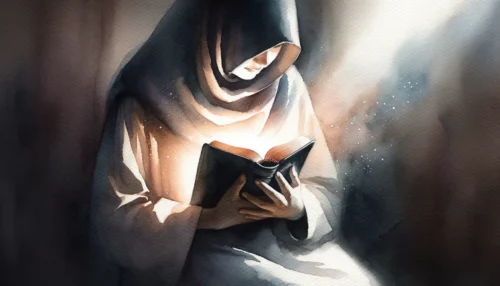 Person in a dimly lit room holding a Bible close to their chest. Soft light emanates from the pages, casting a glow around them, representing the solace and comfort found in scripture during times of loss.