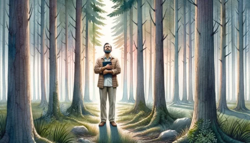 A man stands amidst tall trees in a forest, holding a Bible close to his chest, his eyes closed, embodying the act of listening to the whispers of God and nature.
