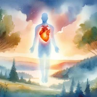 Translucent human silhouette floats above the ground, symbolizing the spirit. Within this silhouette, there's a vibrant heart, representing the soul, emphasizing the close relationship between the two.