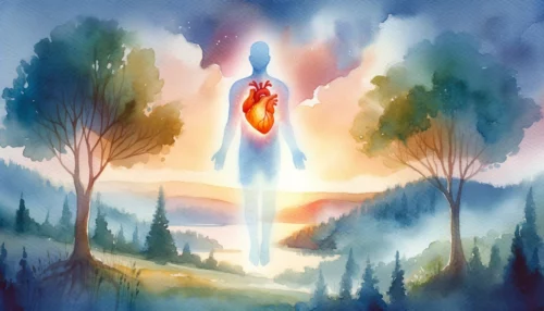 Translucent human silhouette floats above the ground, symbolizing the spirit. Within this silhouette, there's a vibrant heart, representing the soul, emphasizing the close relationship between the two.