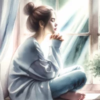 Young woman sitting by a window, sunlight streaming in, with her eyes closed in deep prayer in Jesus’ name.