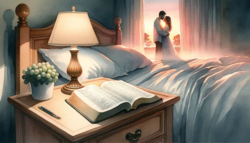 Peaceful bedroom at dawn. On the bedside table, an open Bible with soft light reveals a marriage passage.